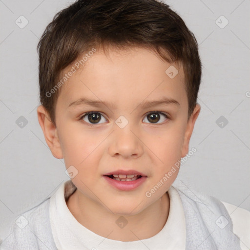 Joyful white child female with short  brown hair and brown eyes