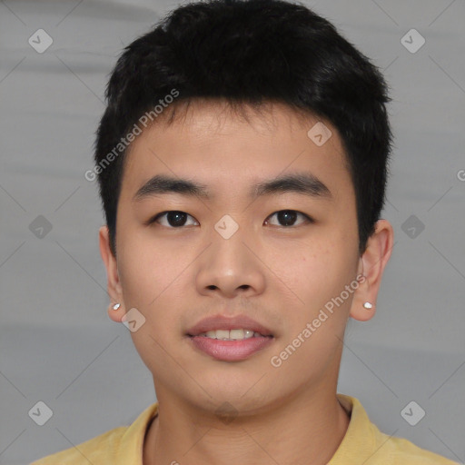 Neutral asian young-adult male with short  brown hair and brown eyes