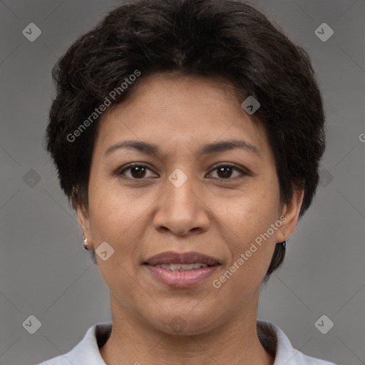 Joyful white adult female with short  brown hair and brown eyes