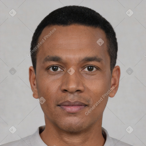 Neutral latino young-adult male with short  black hair and brown eyes