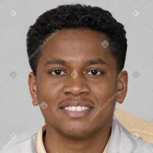 Joyful latino young-adult male with short  brown hair and brown eyes