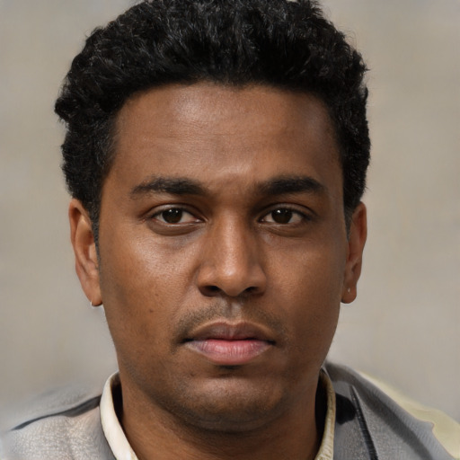 Neutral black young-adult male with short  black hair and brown eyes