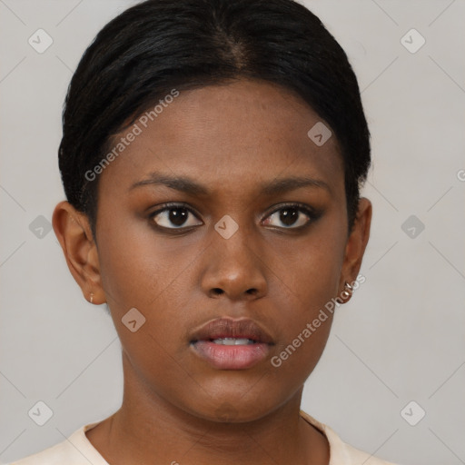 Neutral black young-adult female with short  brown hair and brown eyes