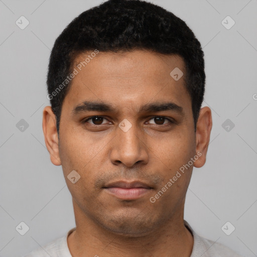 Neutral latino young-adult male with short  black hair and brown eyes