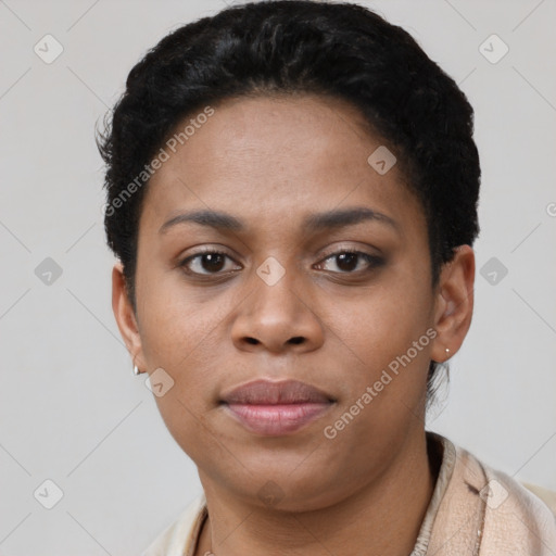 Neutral black young-adult female with short  brown hair and brown eyes