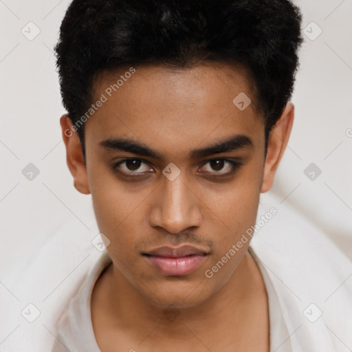 Neutral latino young-adult male with short  black hair and brown eyes