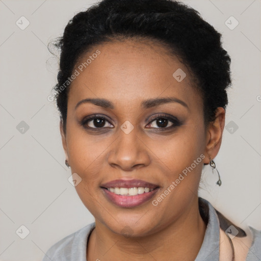 Joyful latino young-adult female with short  black hair and brown eyes