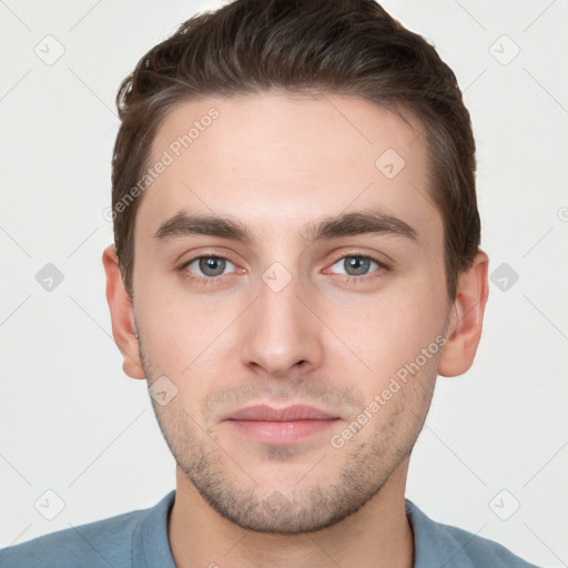 Neutral white young-adult male with short  brown hair and brown eyes