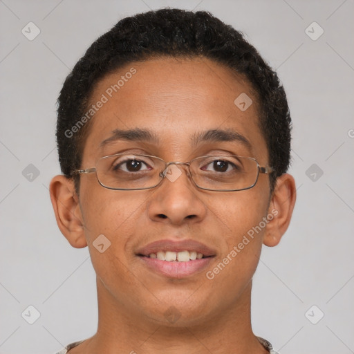 Joyful latino young-adult male with short  brown hair and brown eyes