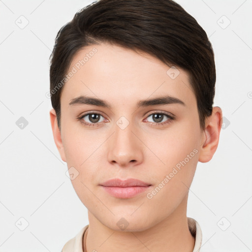 Neutral white young-adult female with short  brown hair and brown eyes