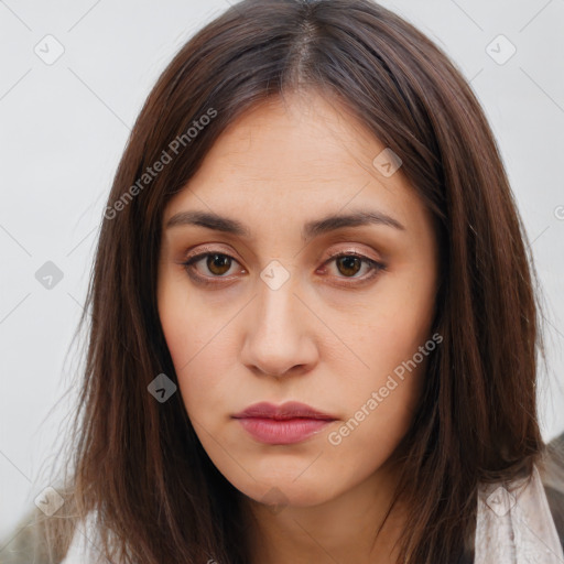 Neutral white young-adult female with long  brown hair and brown eyes