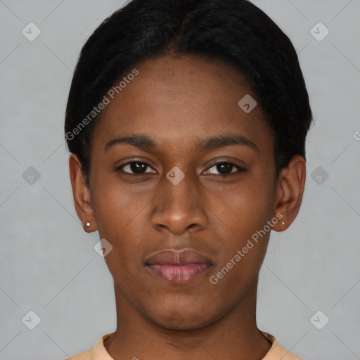 Neutral black young-adult female with short  black hair and brown eyes