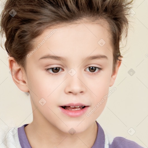 Joyful white child female with short  brown hair and brown eyes