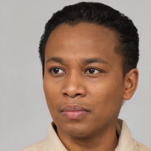 Joyful black young-adult male with short  black hair and brown eyes