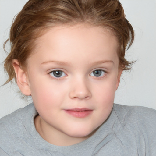 Joyful white child female with medium  brown hair and blue eyes