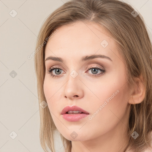 Neutral white young-adult female with long  brown hair and grey eyes