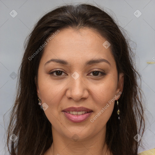 Joyful white adult female with long  brown hair and brown eyes