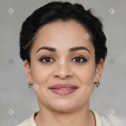 Joyful latino young-adult female with short  brown hair and brown eyes