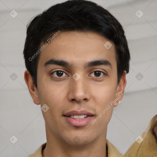 Joyful latino young-adult male with short  brown hair and brown eyes