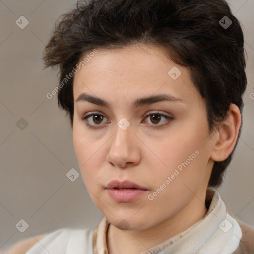 Neutral white young-adult female with medium  brown hair and brown eyes