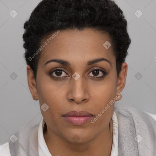 Neutral black young-adult female with short  brown hair and brown eyes