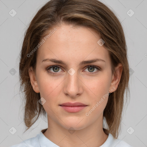 Joyful white young-adult female with medium  brown hair and green eyes