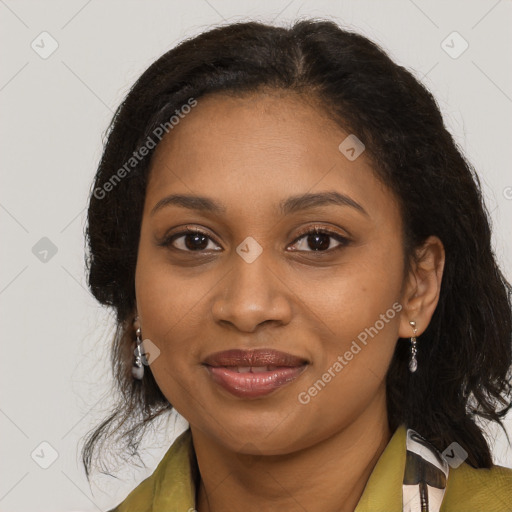 Joyful black young-adult female with medium  brown hair and brown eyes