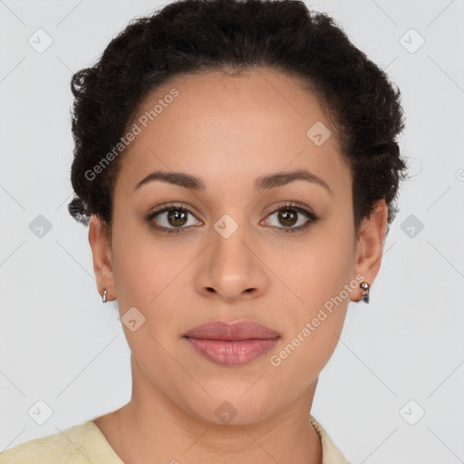 Joyful latino young-adult female with short  brown hair and brown eyes