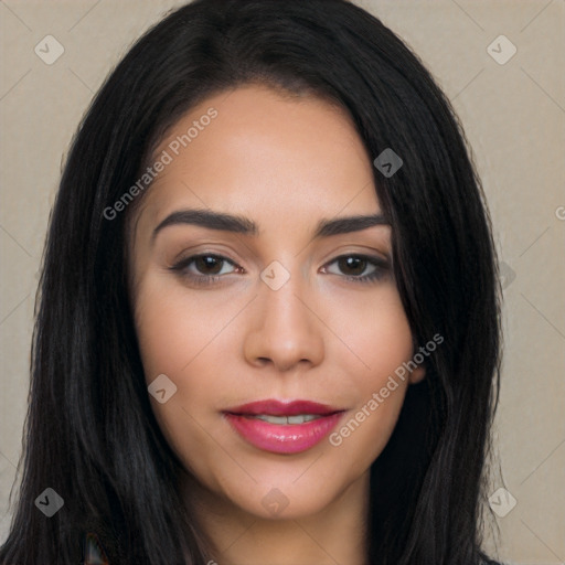 Joyful white young-adult female with long  black hair and brown eyes