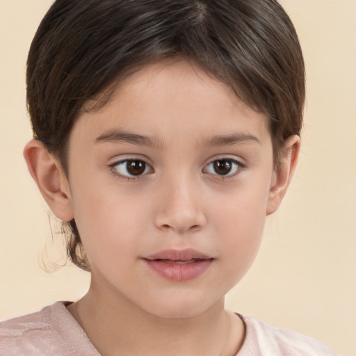 Joyful white child female with short  brown hair and brown eyes