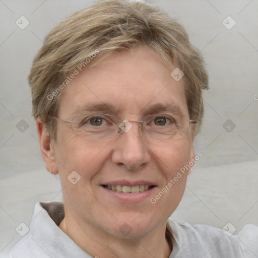 Joyful white adult female with short  brown hair and grey eyes