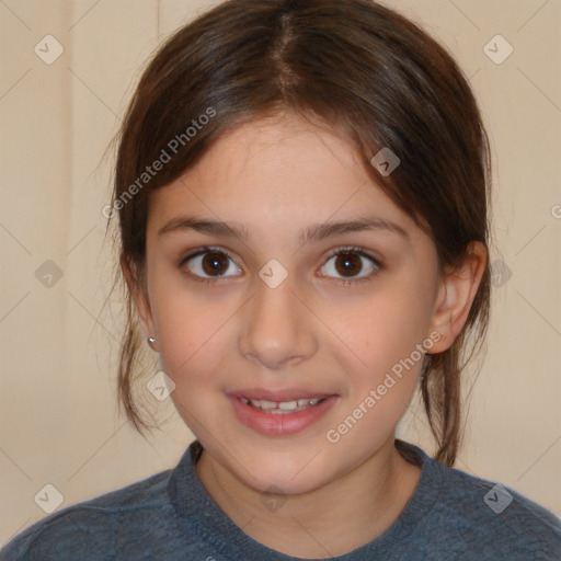 Joyful white child female with medium  brown hair and brown eyes