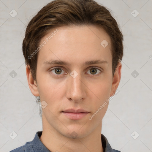 Neutral white young-adult male with short  brown hair and grey eyes