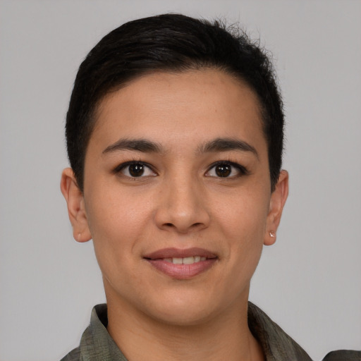 Joyful asian young-adult female with short  brown hair and brown eyes