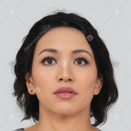 Neutral asian young-adult female with medium  black hair and brown eyes