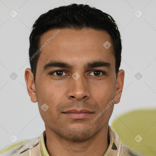 Neutral asian young-adult male with short  black hair and brown eyes