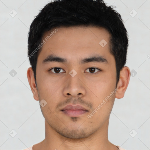 Neutral asian young-adult male with short  black hair and brown eyes