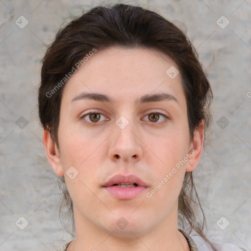 Neutral white young-adult female with medium  brown hair and brown eyes