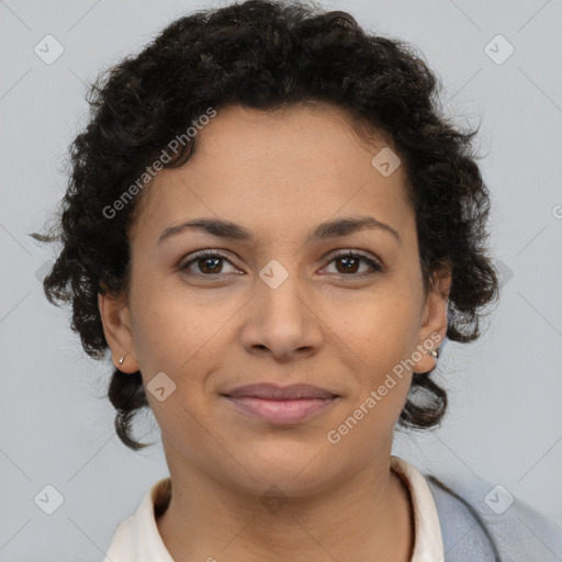 Joyful latino young-adult female with short  brown hair and brown eyes