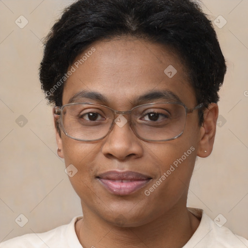 Joyful latino adult female with short  brown hair and brown eyes