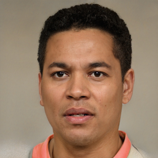 Neutral latino adult male with short  black hair and brown eyes