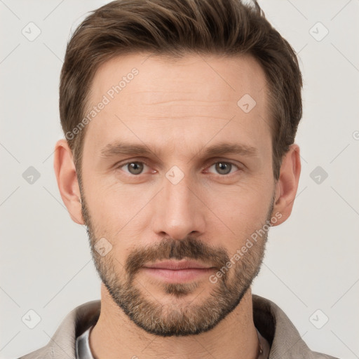 Neutral white young-adult male with short  brown hair and grey eyes