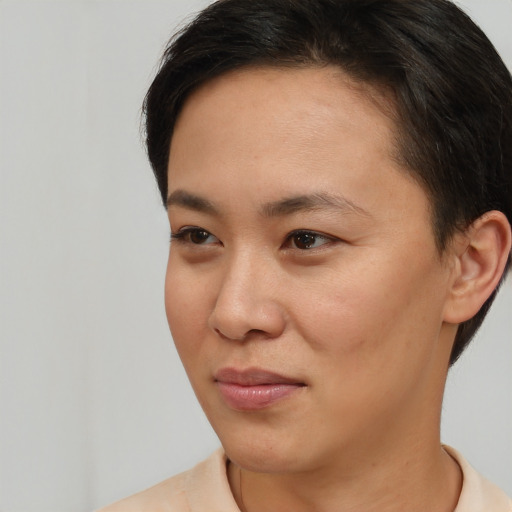 Neutral asian young-adult female with short  brown hair and brown eyes