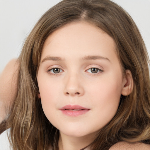 Neutral white child female with long  brown hair and brown eyes