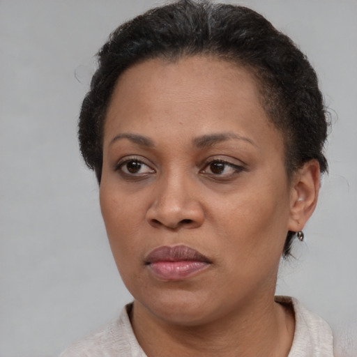 Neutral black adult female with short  brown hair and brown eyes