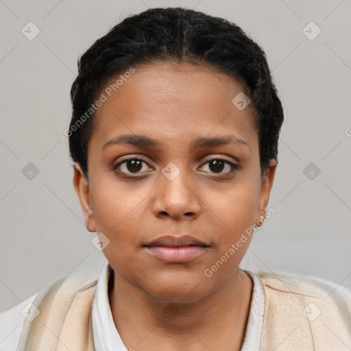 Neutral latino young-adult female with short  black hair and brown eyes