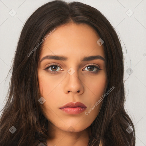 Neutral asian young-adult female with long  brown hair and brown eyes