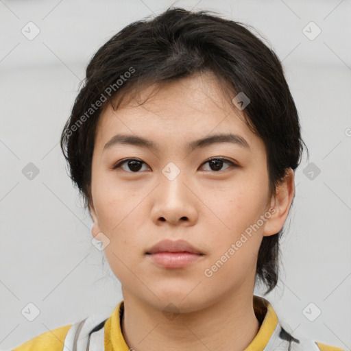 Neutral asian young-adult female with short  brown hair and brown eyes