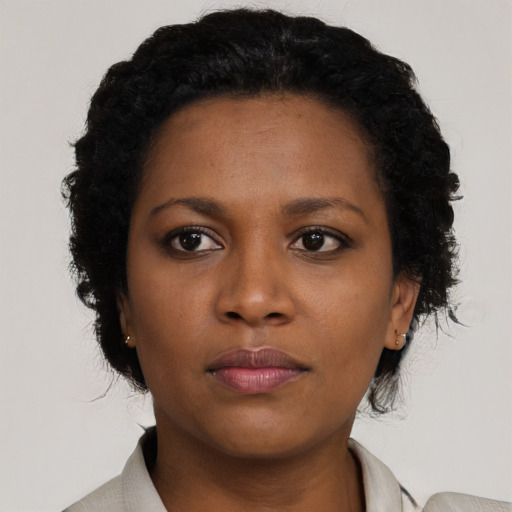 Neutral black young-adult female with short  brown hair and brown eyes