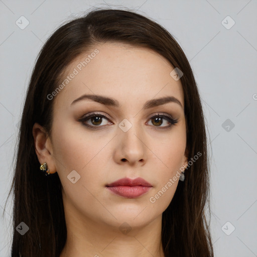 Neutral white young-adult female with long  brown hair and brown eyes